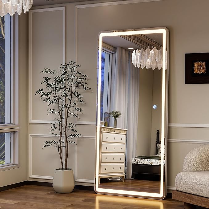 GLSLAND 65x26 LED Mirror Full Length, Aluminum Alloy Floor Mirrors with Lights, 3 Color Lighting & Dimming for Bedroom Decorative Wall Mounted, White