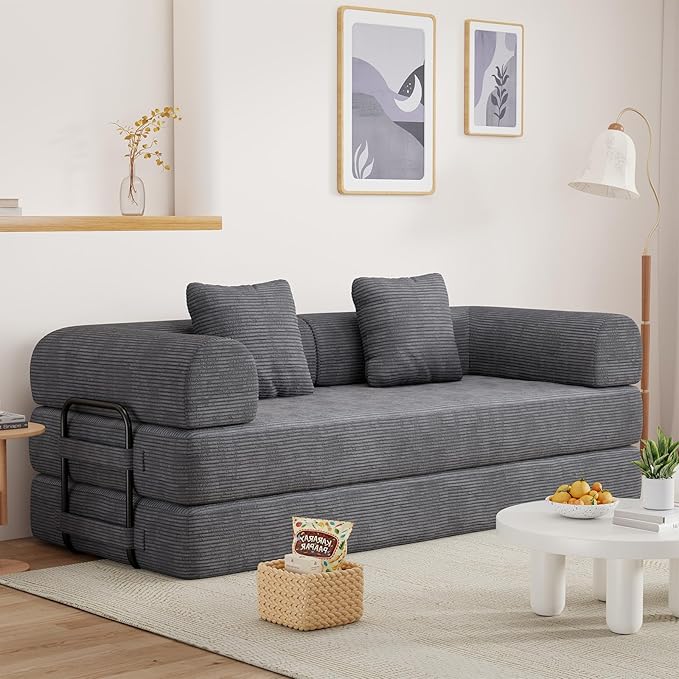 77" Convertible Sofa Bed, Modular Folding Futon Corduroy Floor Foam Compressed Loveseat Sleeper Sofa Couch, Pull Out Queen Size Couch Bed with 2 Pillows for Living Room Guest Room Studio, Dark Grey