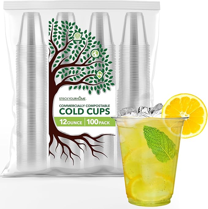 Stock Your Home 12 oz Clear Commercially Compostable Cold Cups (100 Pack), Eco Party Cup, Environmentally Friendly Disposa...