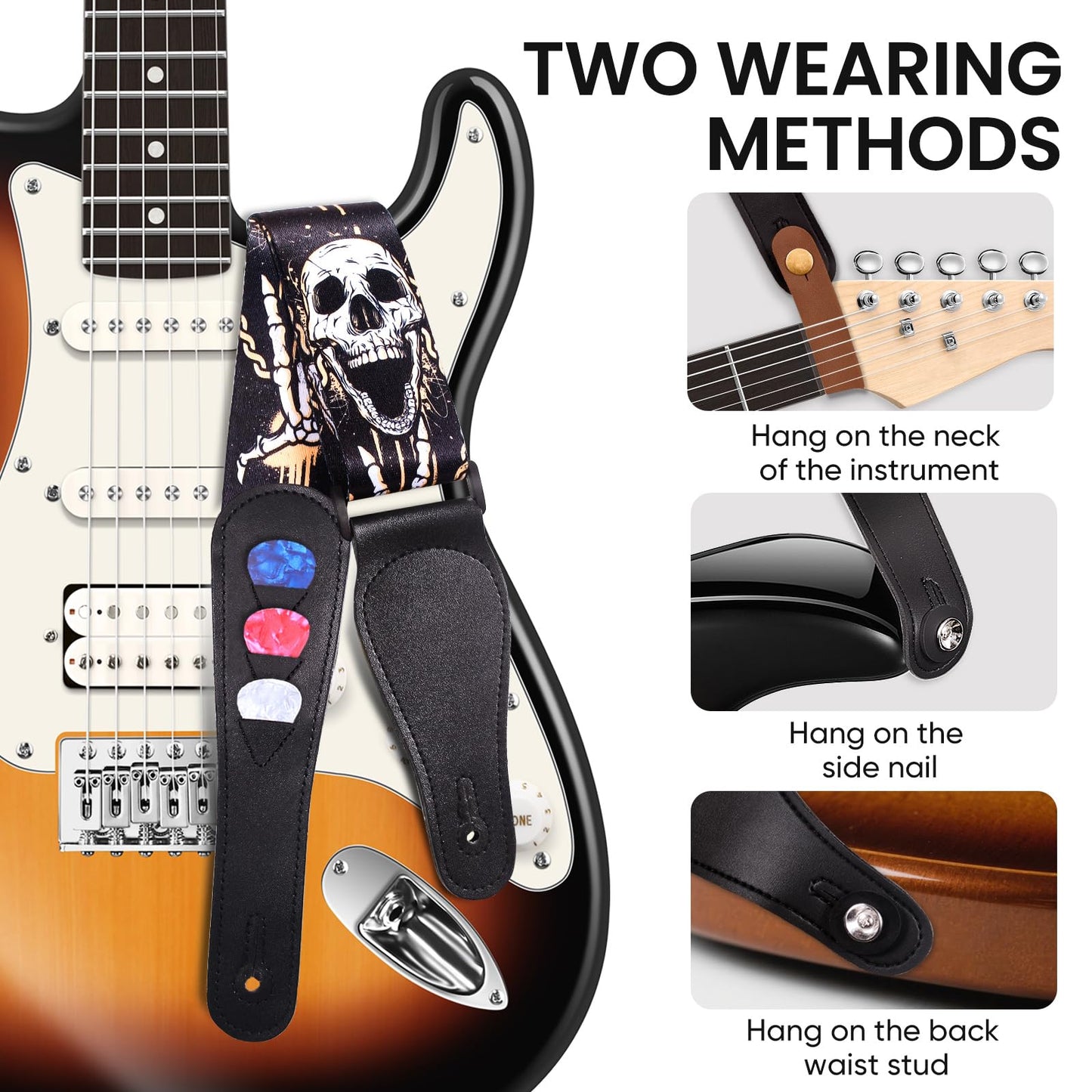 Aarvi Guitar Strap Set For Bass/Electric/Acoustic Guitars - 41-67 Cotton With Leather Ends, 2 Strap Locks + 4 Picks Included, Du