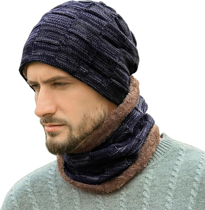 Mens Winter Beanie Hats Scarf Set Warm Knit Skull Cap Neck Warmer with Fleece Lined Winter Hat for Women