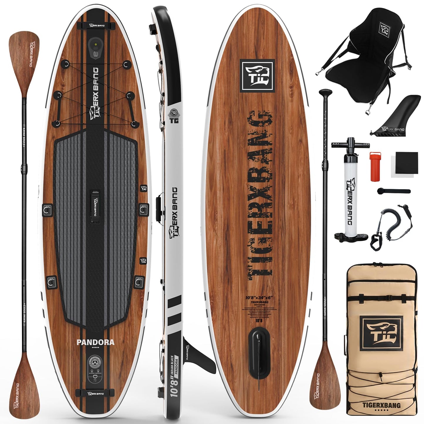 TIGERXBANG Paddle Board, 10.8' Stand Up Paddle Board with Premium Complete Inflatable SUP Accessories, Extra Wide Paddleboards for Adults & Youth-Pandora Collection Indian Black