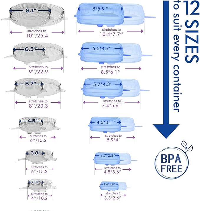 [12pack] Longzon Silicone Stretch Lids 6 Clear Round 6 Blue Rectangle, Magic Lids Reusable Food Covers for Bowls, Cups, Cans, Fit Different Sizes & Shapes of Container, Dishwasher & Freezer Safe