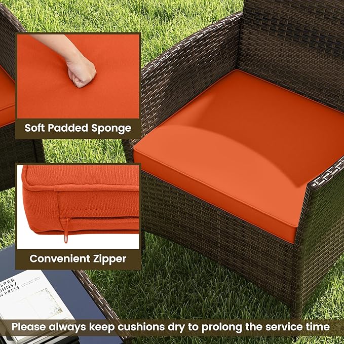 RELAX4LIFE 8-Piece Patio Furniture Set - Rattan Outdoor Conversation Bistro Set w/Cushions, Glass Coffee Table, Wicker Chairs & Loveseat for Garden Backyard Porch, Balcony Furniture Set (2, Orange)