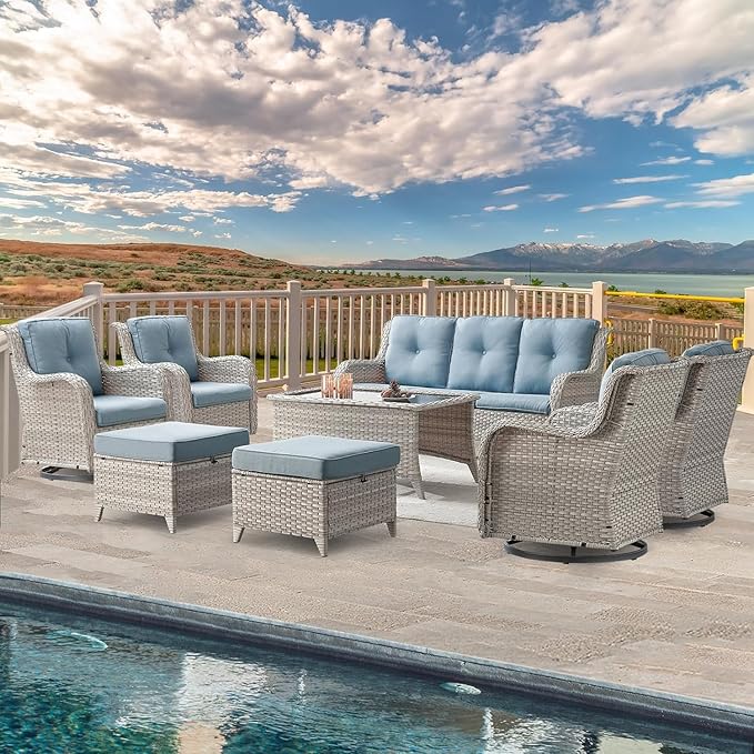 Belord Wicker Patio Furniture Sets - 8 Piece Outdoor Rattan Furniture Conversation Sets with 4 Swivel Rocker Chairs, Rattan Sofa, Wicker Ottomans and Coffee Table, Light Grey/Baby Blue