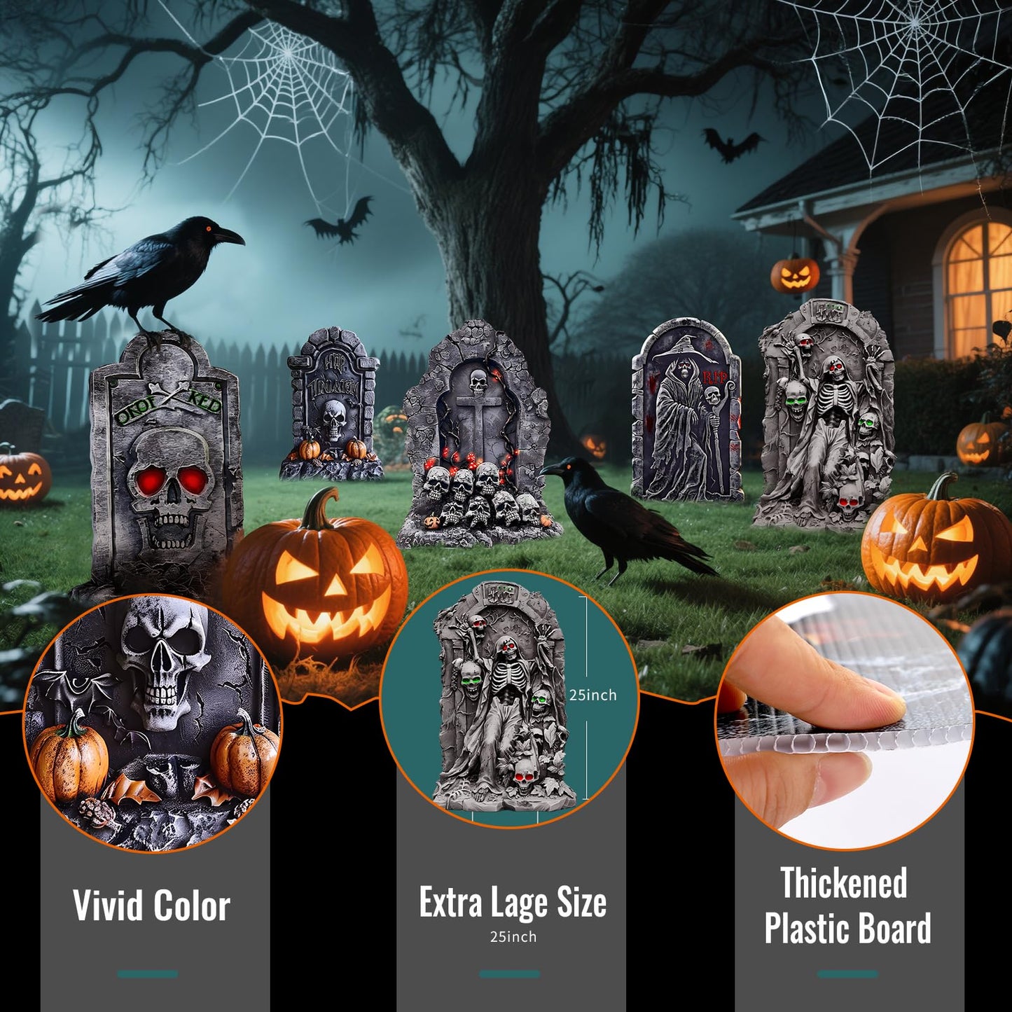 BEAUTLOHAS. 25 Inch Halloween Graveyard Tombstones Plastic Board, 5 PCS Halloween Headstones Decorations RIP for Yard Sign Lawn Garden Outdoor Decor