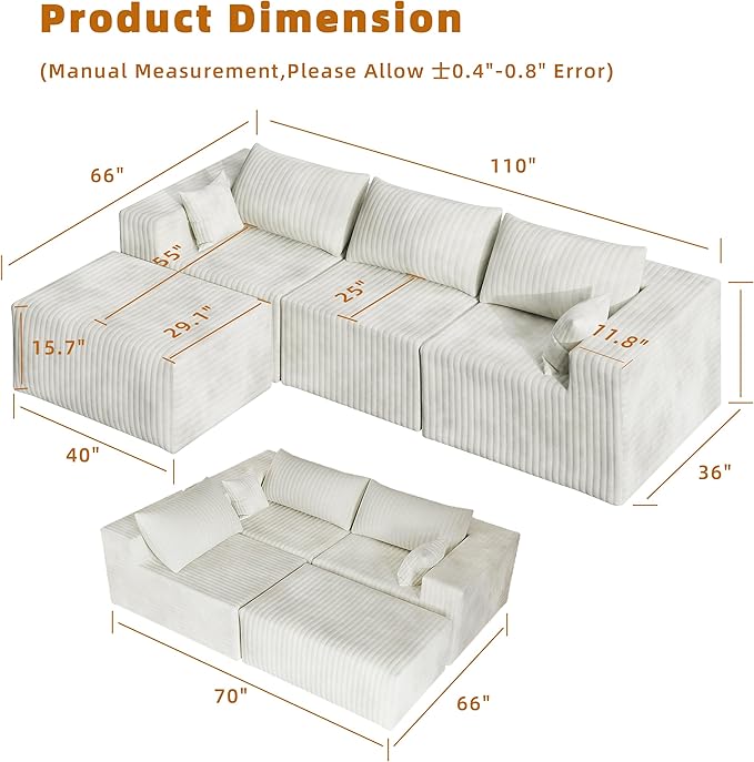 CABZOON 110" Cloud Couch Sectional for Living Room L-Shape Boneless Couches Modular Sectional Sofa with Deep Seat with Chaise,No Assembly Required, Carbon White(Plush Corduroy Fabric)