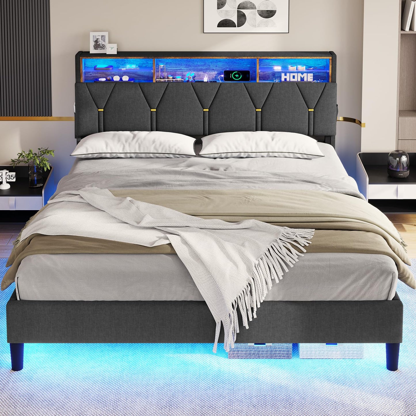 BTHFST Queen Bed Frame with Outlets and USB Ports, LED Bed Frame Queen Size with Storage Headboard, Upholstered Platform Bed with Shelf and LED Lights, No Box Spring Needed, Dark Grey