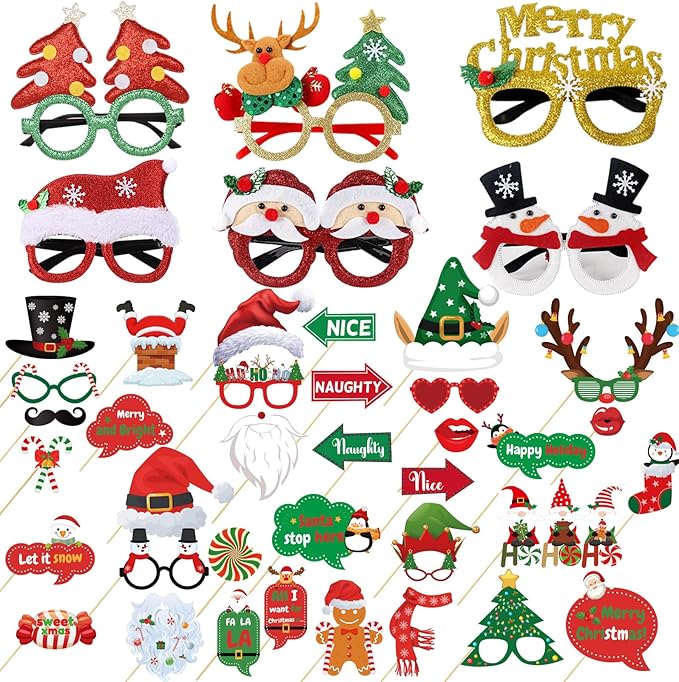 Christmas Party Decorations Decor, 36 Christmas Photo Booth Props+ 6 Christmas Glitter Glasses Frames, Party Favors Games ...