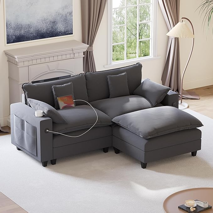KCGKCG 80.7" Modular Sectional Sofa, L Shaped Cloud Couch with Movable Ottoman, Chenille Deep Seat Cloud Sofa with Charging Station, Cup Holder, Side Pocket, Sectional Couches for Living Room, Grey