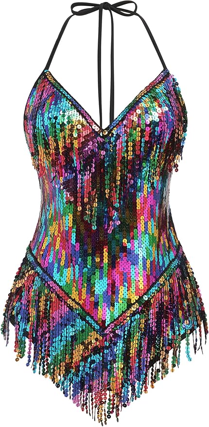 IBAKOM Sexy Sequins Fringe Bodysuit Halter Lace Up Back Jazz Latin Dance Tassel Leotard Acrobat Costume Rave Concert Outfits