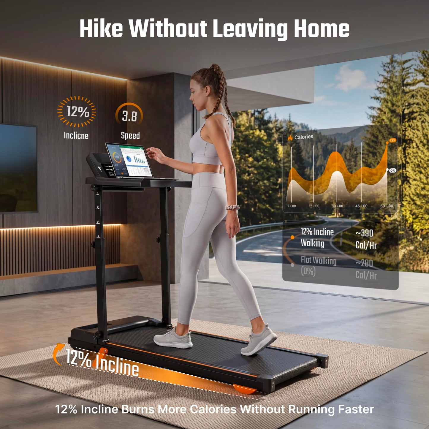 Foldable Walking Pad Treadmill with 12% Incline for Home Small, 3.5HP Under Desk Quiet Treadmill with Handle Bar, Compact Running Machine for 350 Lbs Capacity