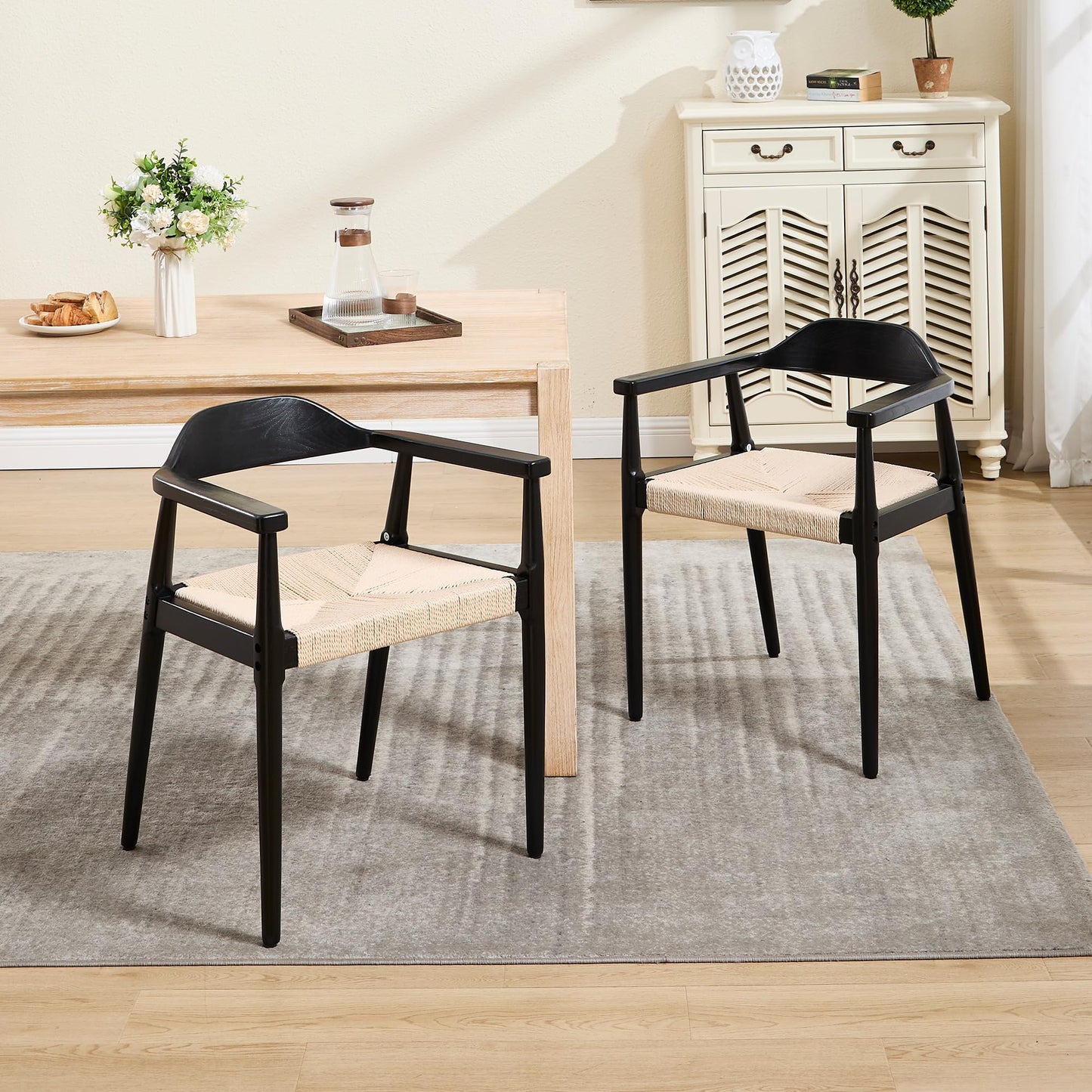 Mid Century Dining Chairs Set of 6, Black Wood Modern Kitchen Chairs with Arms, Woven Rope Dining Table Chairs with Hemp Seat