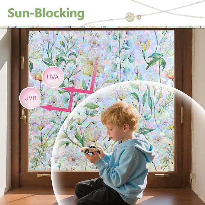FINNEZ Window Privacy Film Stain Glass Film Flowers Rainbow Window Film Window Clings Non-Adhesive Reusable Decorative for Home（Forest Rainbow，17.5 Inch x 6.5 Feet）