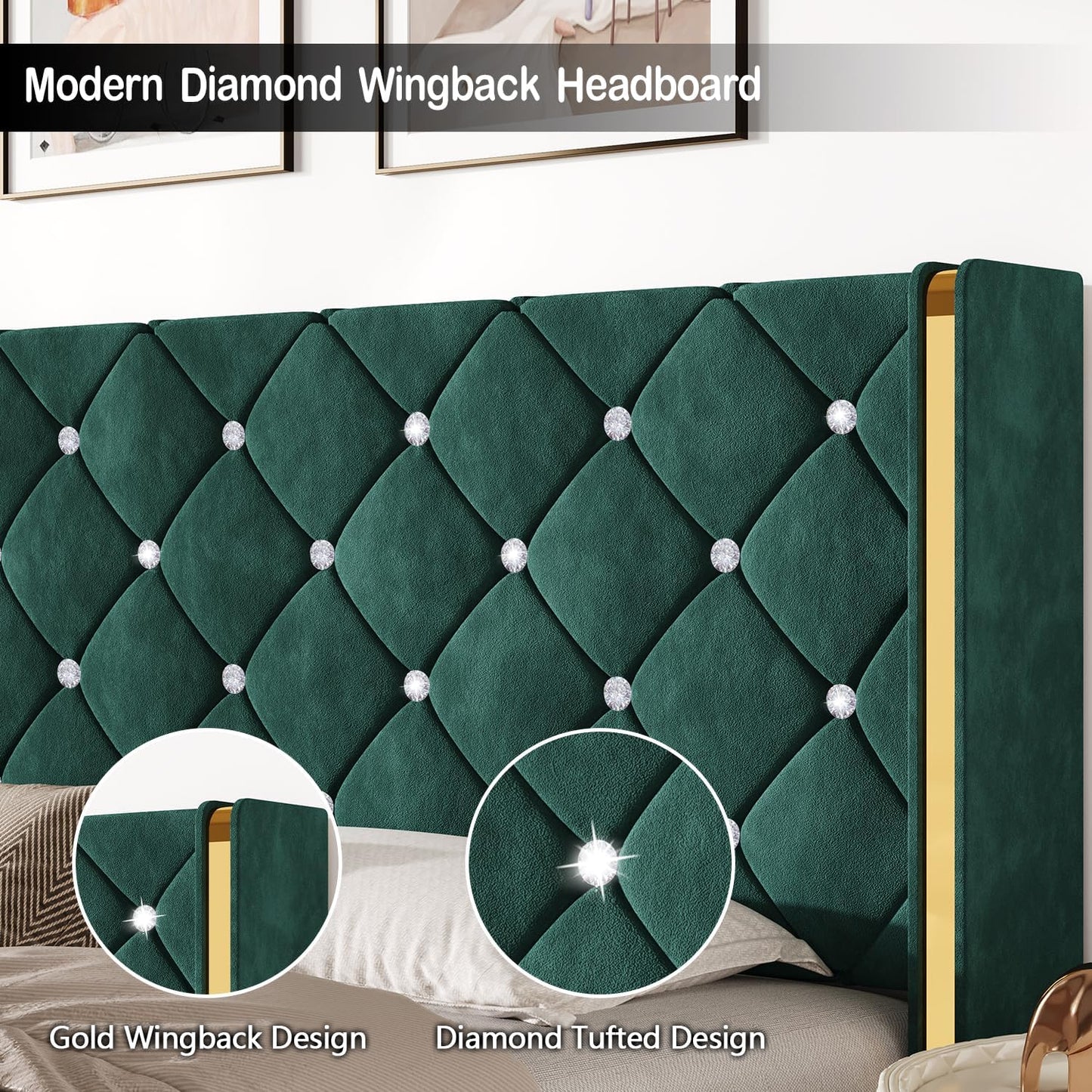 HOMBCK Twin Bed Frame with Headboard and Wingback, Upholstered Bed with Diamond Tufted Design, Kids Bed Frame with Wooden Slats Support, No Box Spring Required, Easy Assembly, Green