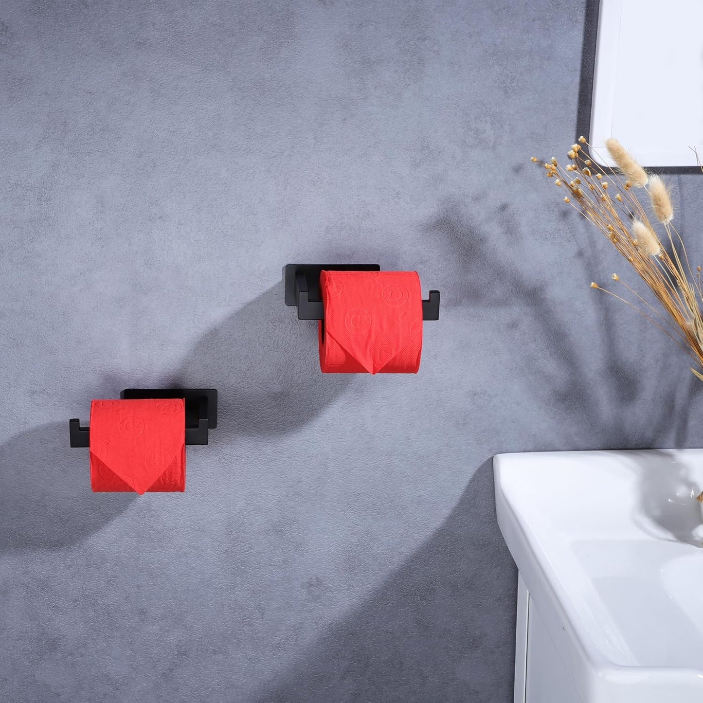 LANC Self-Adhesive Toilet Paper Holder, Matte Black Toilet Tissue Holder for Bathroom Kitchen Stick on Paper Roll Holder with No Drilling Rustproof Stainless Steel Left and Right 2 Pack, A8307MB-LRP2