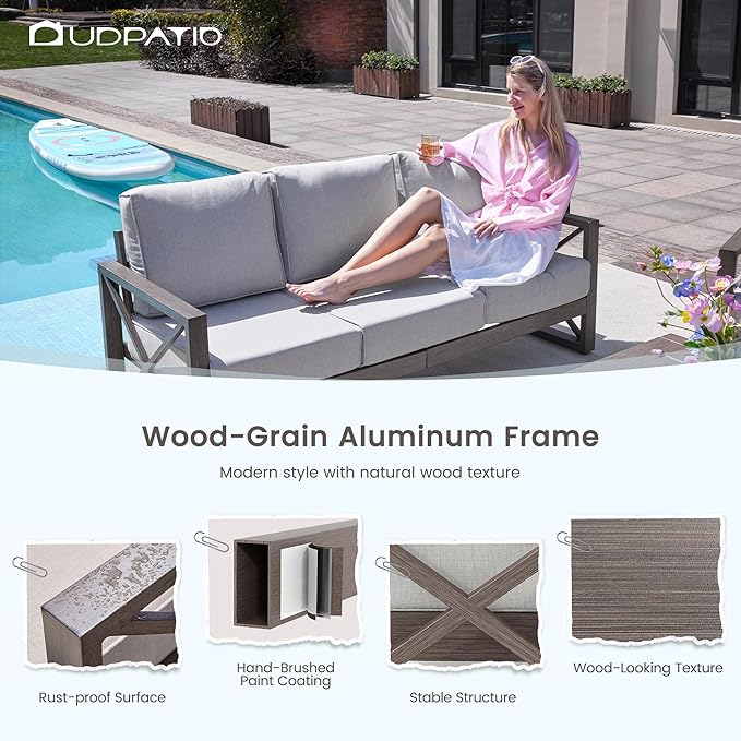 UDPATIO 4 Piece Faux Wood Aluminum Patio Furniture Set Modern Patio Conversation Set with Coffee Table for Balcony, Backyard, Deck, 600D Waterproof Furniture Cover Included, Light Grey