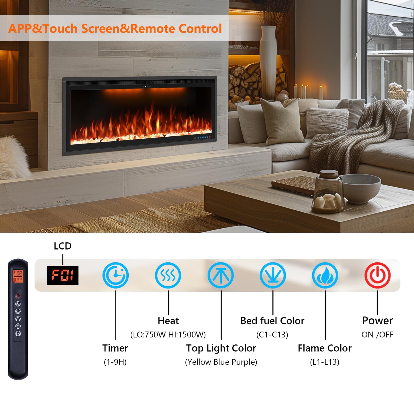 74" Smart Electric Fireplace Inserts, Slim Fireplace with APP & Alexa Control, Remote & Touch Panel, Adjustable Flame Colors & Fuel Bed Colors, Timer & Overheat Protection, 750W/1500W, Black