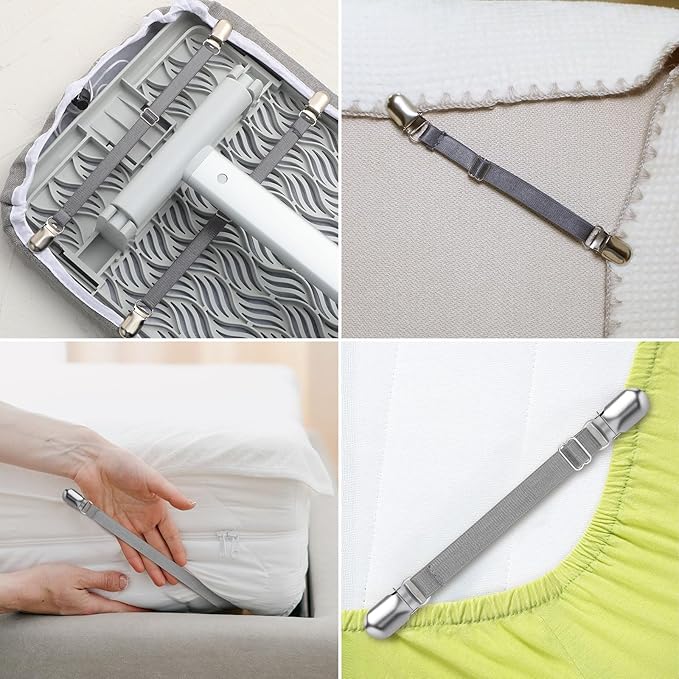 Boao 12 Pcs Bed Sheet Clips Straps Sheet Corner Straps Holder Adjustable Mattress Clips, Elastic Bed Grippers Suspender Fasteners Holder for Home (Grey,4-8 Inch Length)