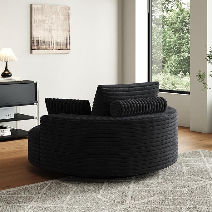 360-Degree Oversized Swivel Chair, Modern Round Circle Corduroy Comfy Deep Seat Swivel Accent Chaise Lounge Sofa Chair with Back Cushion & 2 Throw Pillows for Living Room Bedroom Office, Black