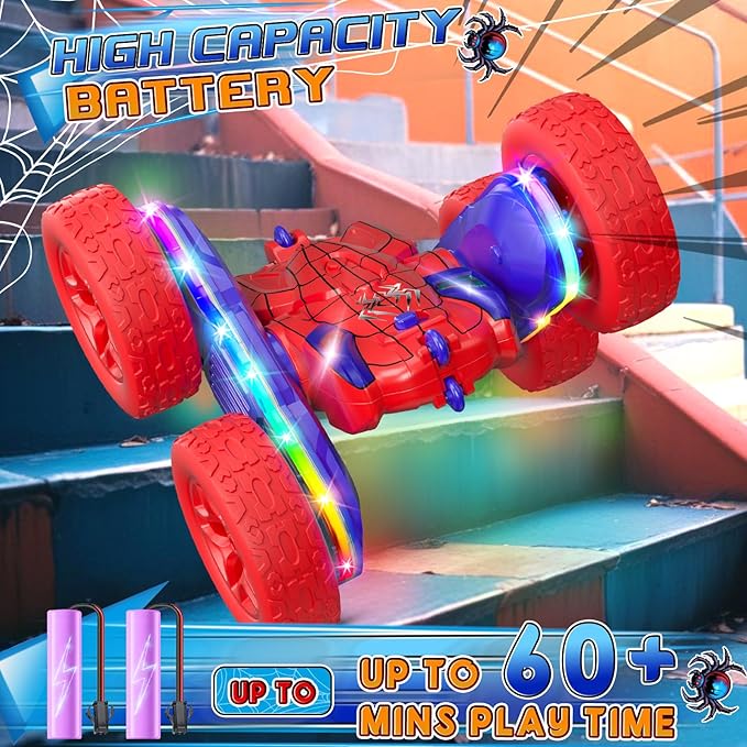 Spider RC Cars Toys for Boys 4-6, 2.4GHz Remote Control Car with 26 LED Light System, 360° Flips, Changeable Wheels, Rechargeable All-Terrain Truck Gift for Kids Ages 4-8