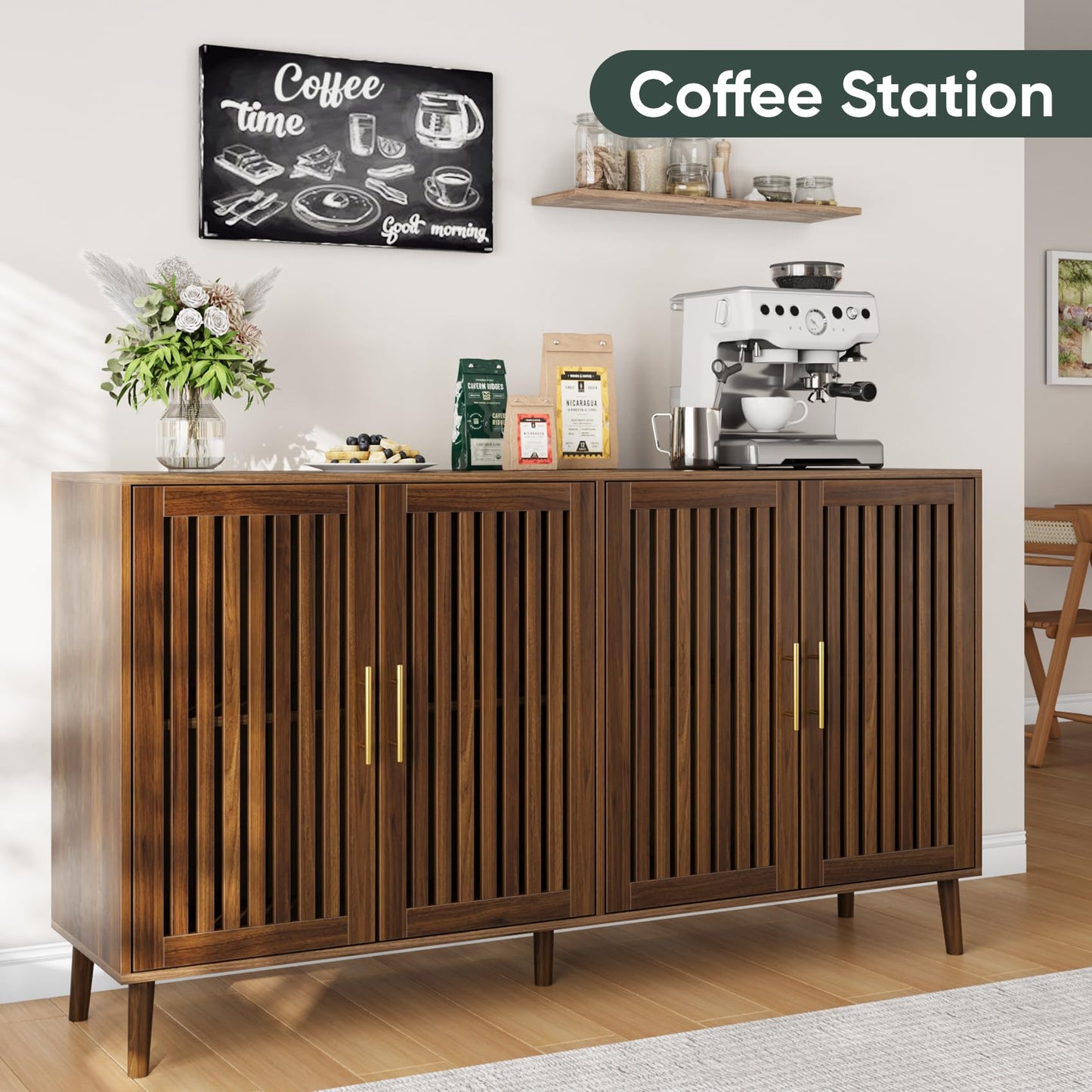 Smart FENDEE 63" Long Sideboard Buffet with 4 Louvered Doors, Farmhouse Buffet Storage Cabinet with Gold Handle, Coffee Bar Cabinet for Entryway, Kitchen, Dining Room, Living Room, Walnut Color