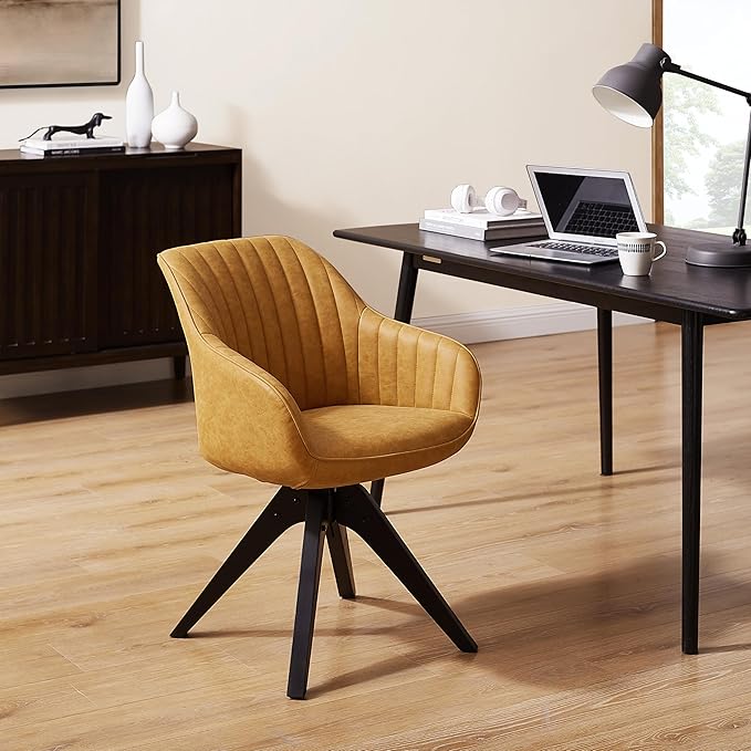 Art Leon Dining Chair, Mid Century Modern Faux Leather Upholstered Swivel Dining Room Chair with Wood Legs, Leisure Side Chair with Arms for Living Room, Yellow Brown
