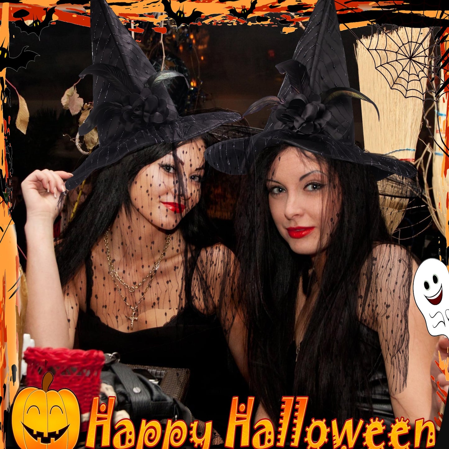 Suwaoo Halloween Witch Hat - Lace Halloween Costumes Outfit for Women, Witches hats for Women Adult Attached Veils Cosplay Costume Halloween Accessories for Decorations, Standard, Black