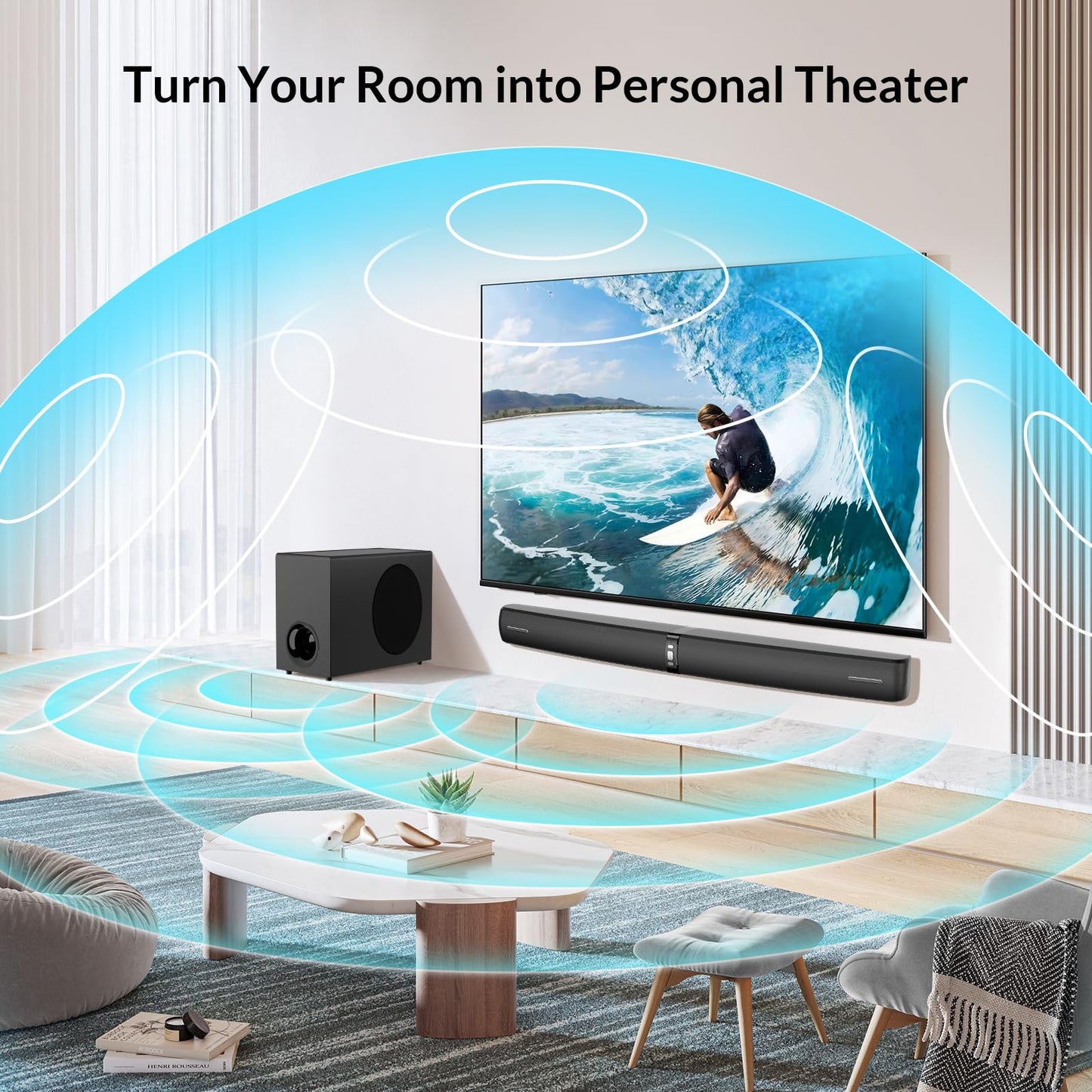 Assistrust Sound Bar with Subwoofer, 110W Sound Bar for Smart TV with Adjustable Deep Bass & Volume Boost & 3 EQ Modes, Bluetooth/ARC/Opt/AUX, Detachable Soundbar for TV/PC/Gaming/Projector