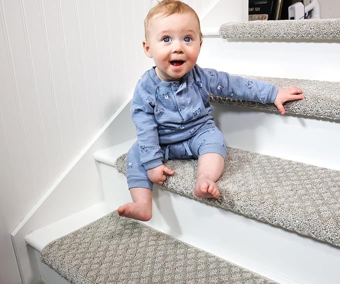 Oak Valley Designs™ Rounded Bullnose Carpet Stair Treads - Anti Slip Indoor Stair Mats for Wooden Stairs, Style: Bayside Charm, Silver Birch 35" W X 9.75" D (Set of 4)
