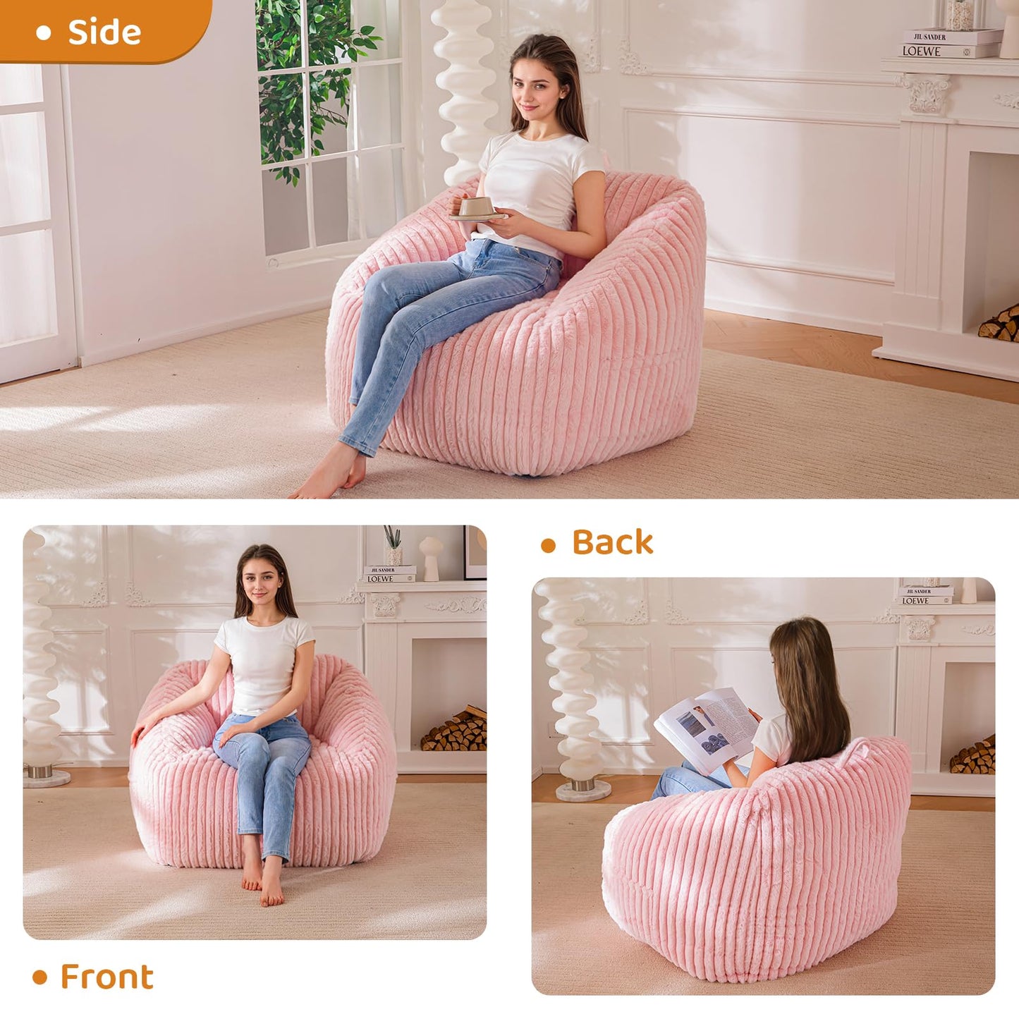 BYBYME Giant Bean Bag Chair for Adults and Kids, Large Comfy Cozy Beanbag, Floor Sofa for Teens, Living Room, Gaming, Reading, Pink