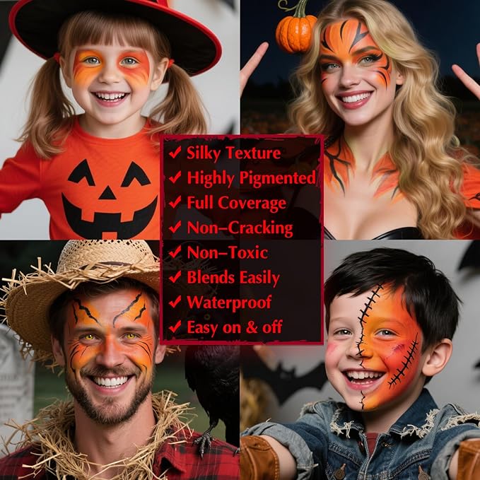 Black Red Orange Face & Body Paint - Blendable Facepaint Foundation with Sponge & Brush for Skin, Professional Halloween Face Make-up Kit for Scarecrow Tiger Devil Pumpkin Fox Lion Costume
