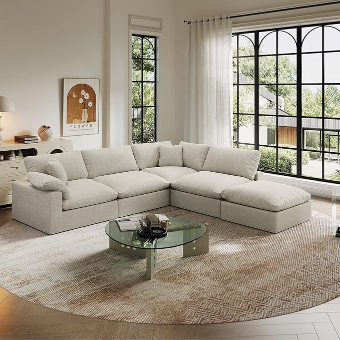 Intuition Decor Cloud Modular Sectional Sofa,143" Down Filled Sofa 4 Seat with Chaise,Minimalist Sofa Cover Washable and Replaceable Couches for Living Room,Sectional Sofa Deep Seat