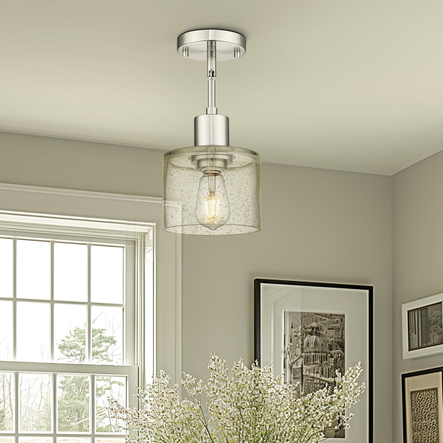 LMS Industrial Semi Flush Mount Ceiling Light, Brushed Nickel 1-Light Close to Ceiling Light with Seeded Glass Shade, Modern Ceiling Lmap for Hallway Corridor Kitchen, LMS-101BN