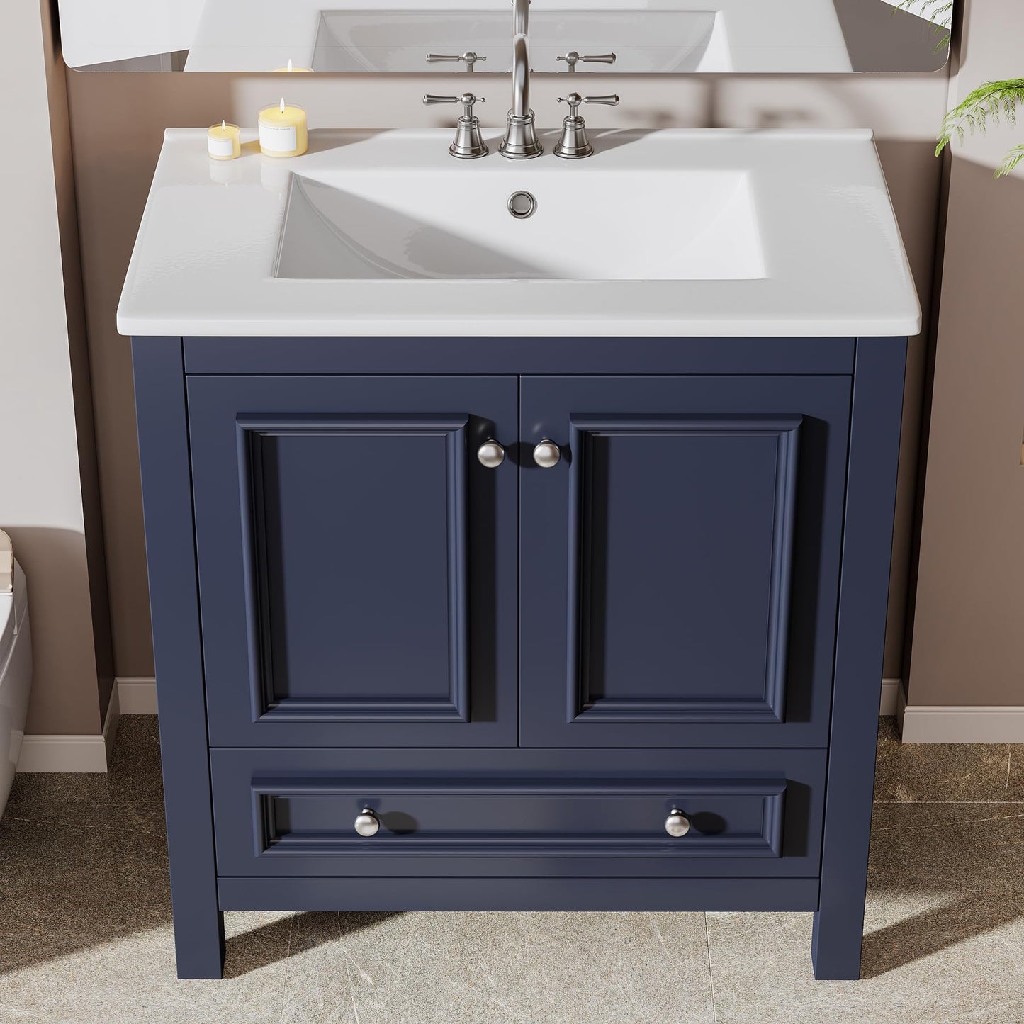 Tribesigns Modern Bathroom Vanity with Sink, Freestanding Bathroom Vanities Cabinet with Ceramic Basin Combo, Bathroom Sink Cabinet with 2 Doors and 1 Drawer, Solid Wooden Frame (Navy Blue, 30 INCH)