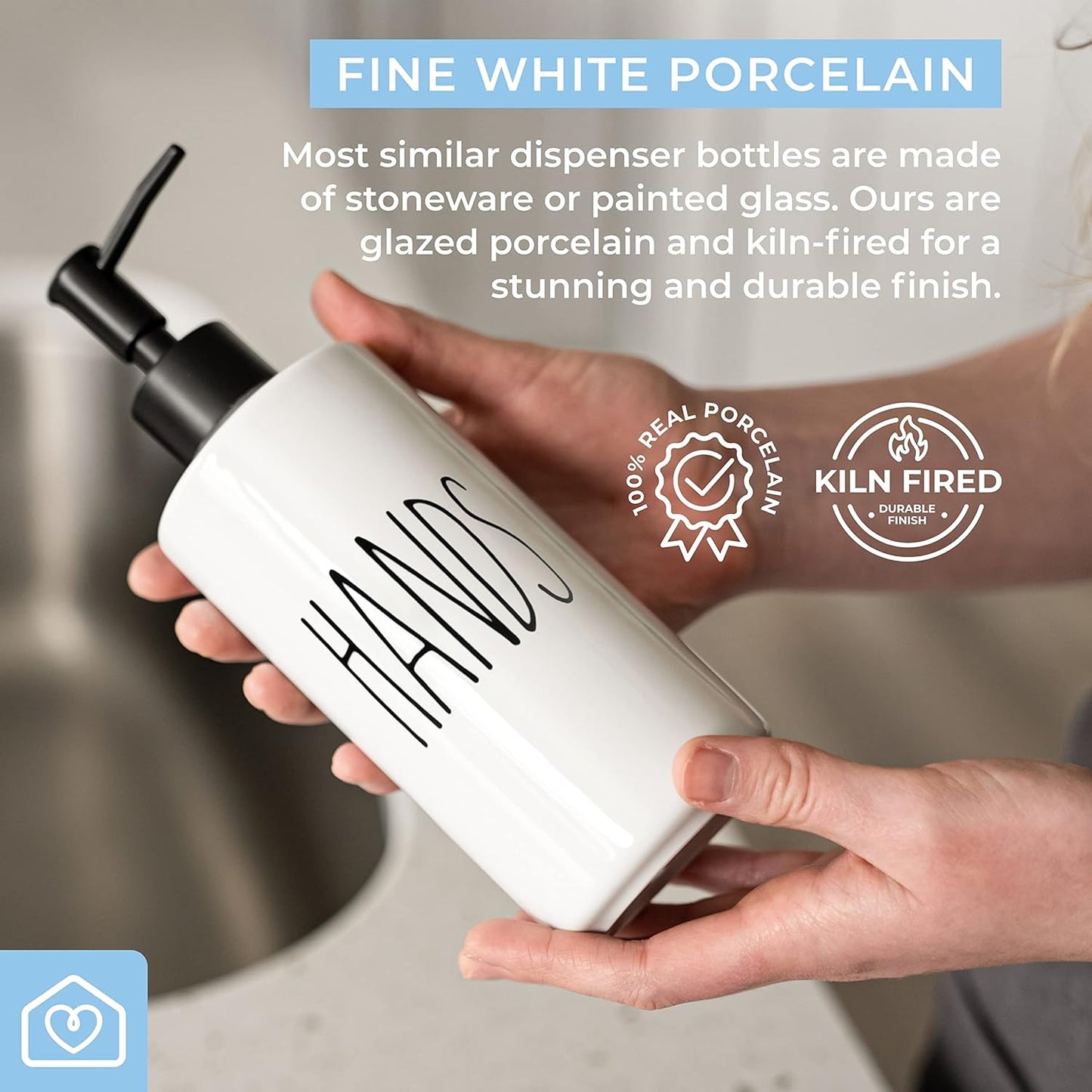 Heartland Home Porcelain 16oz Empty Liquid Dispenser Bottle for Hands. Hand Soap Dispenser for Bathroom, Hand Lotion Bottle, Lotion Pump Dispenser or Hand Sanitizer Pump for Hand Sanitizer Refill.