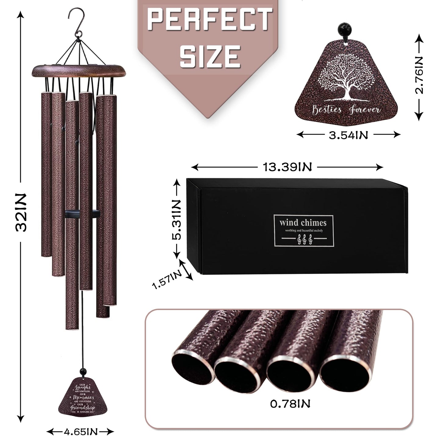 Fusui Best Friend Birthday Gifts for Women Wind Chimes 32", Friendship/Bestie Gifts for Women, Christmas/Mothers/Valentines Day/Graduation Birthday Gift for Best Friend Woman/BFF/Soul Sister/Bestie