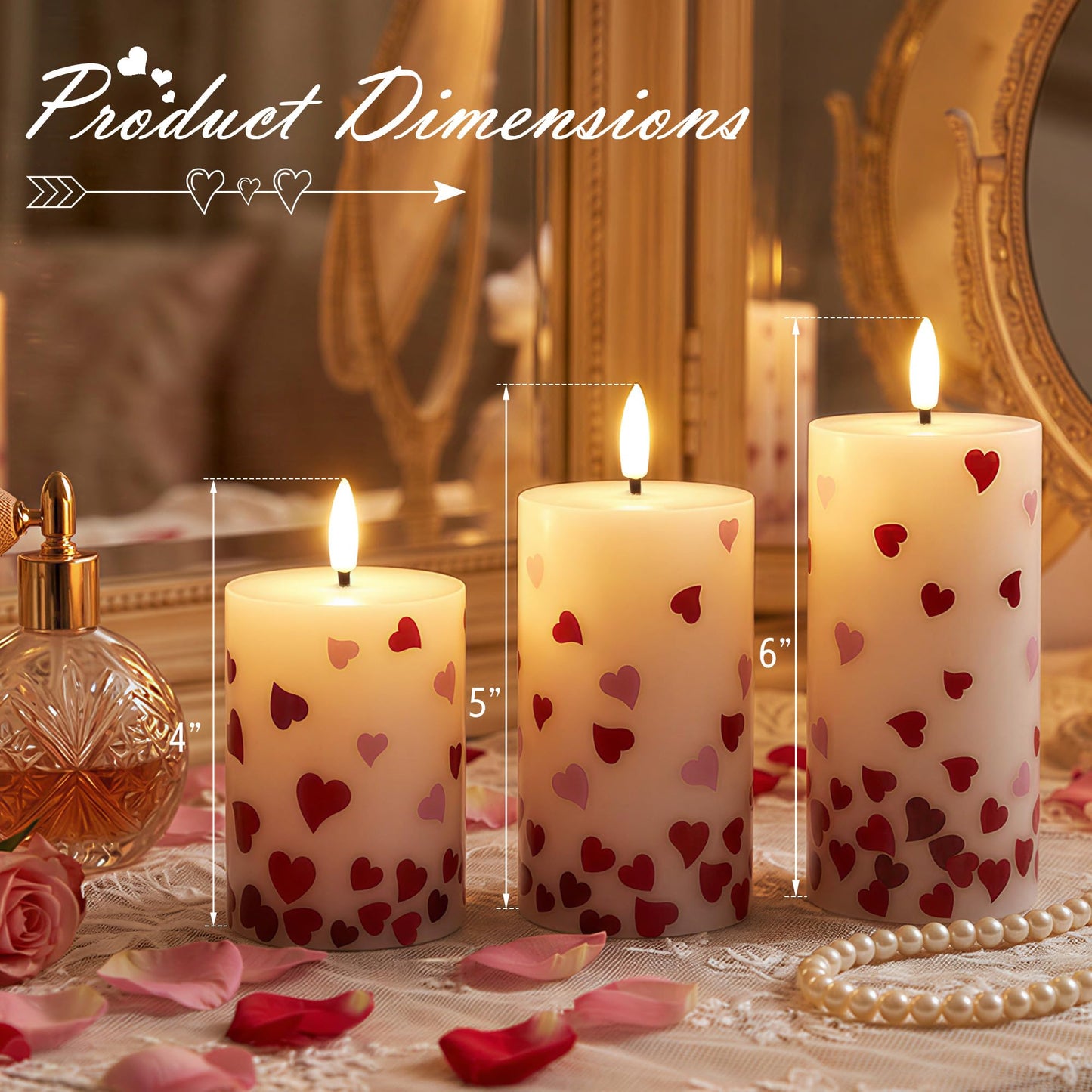 JOIONE Valentines Day Flameless Pillar Candles with Remote Set of 3, Battery Operated Real Wax LED Heart Stickers Candle, Perfect for Romantic Date Night, Wedding and Home Décor, Heart Stickers