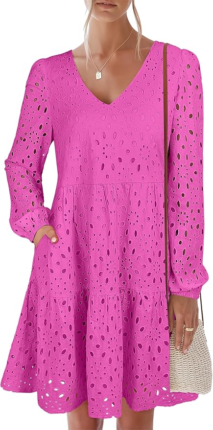 ANRABESS Long Sleeve V Neck Dresses for Women Eyelet Hollow Out Business Casual Tiered 2026 Fall Mini Dress with Pockets