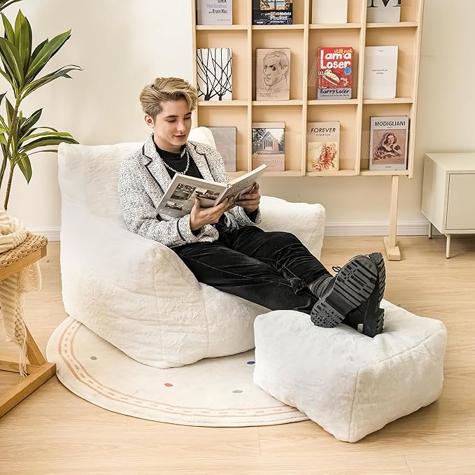 Cvortll Bean Bag Chair with Ottoman, Armrest Bean Bag Chairs with Filler, Ultra Soft Fluffy Faux Fur Bean Bag Chair with Foot Rest, Plush Lazy Sofa with Foot Stool for Living Room, Dorm
