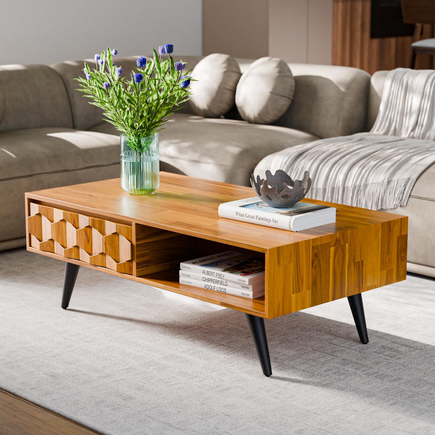 Bme Georgina Solid Wood Coffee Table, 2 Drawers & Open Shelves, Mid Century Modern Center Table, 110 cm, Teak Brown, Pre-Assembled