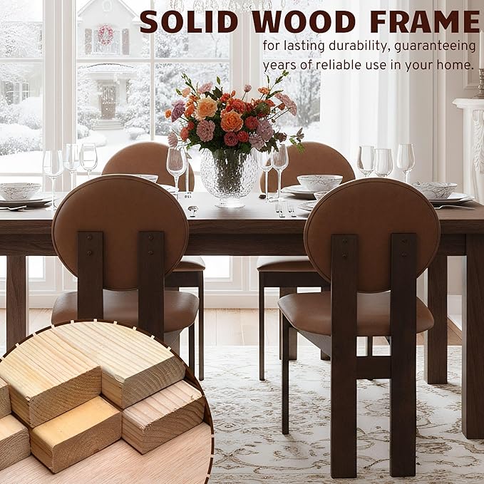 Modern Wood Dining Chairs Set of 6, Farmhouse Brown Faux Leather Kitchen Chairs with Round Back & Walnut Legs, Mid-Century Armless Upholstered Accent Chairs for Dining Room/Living Room/Restaurant