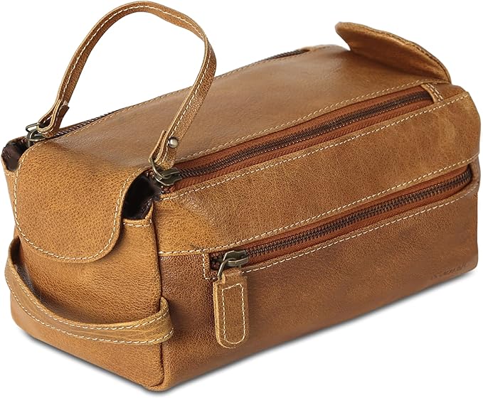 KomalC Premium Buffalo Leather Toiletry Bag for Men & Women – Leather Dopp Kit With Water resistant Lining, Premium Toiletry Travel Pouch, Unisex Wash Bag for Toiletries, Gifts for Men and Women