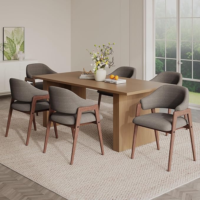 MALOL Wooden Dining Chairs Set of 6, Modern Fabric Upholstered Dining Room Chair, Kitchen Side Chairs, Farmhouse Dinner Chair with Curved Open Back for Kitchen, Camel