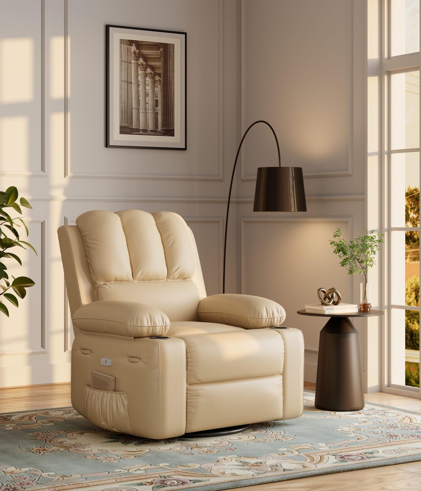 Patikuin Oversized Electric Recliner Chair for Living Room – PU Leather Swivel Rocker with Heat & Massage, 360° Rotating Base, Wide Seat, USB Port, Cup Holders, Side Pocket – Beige