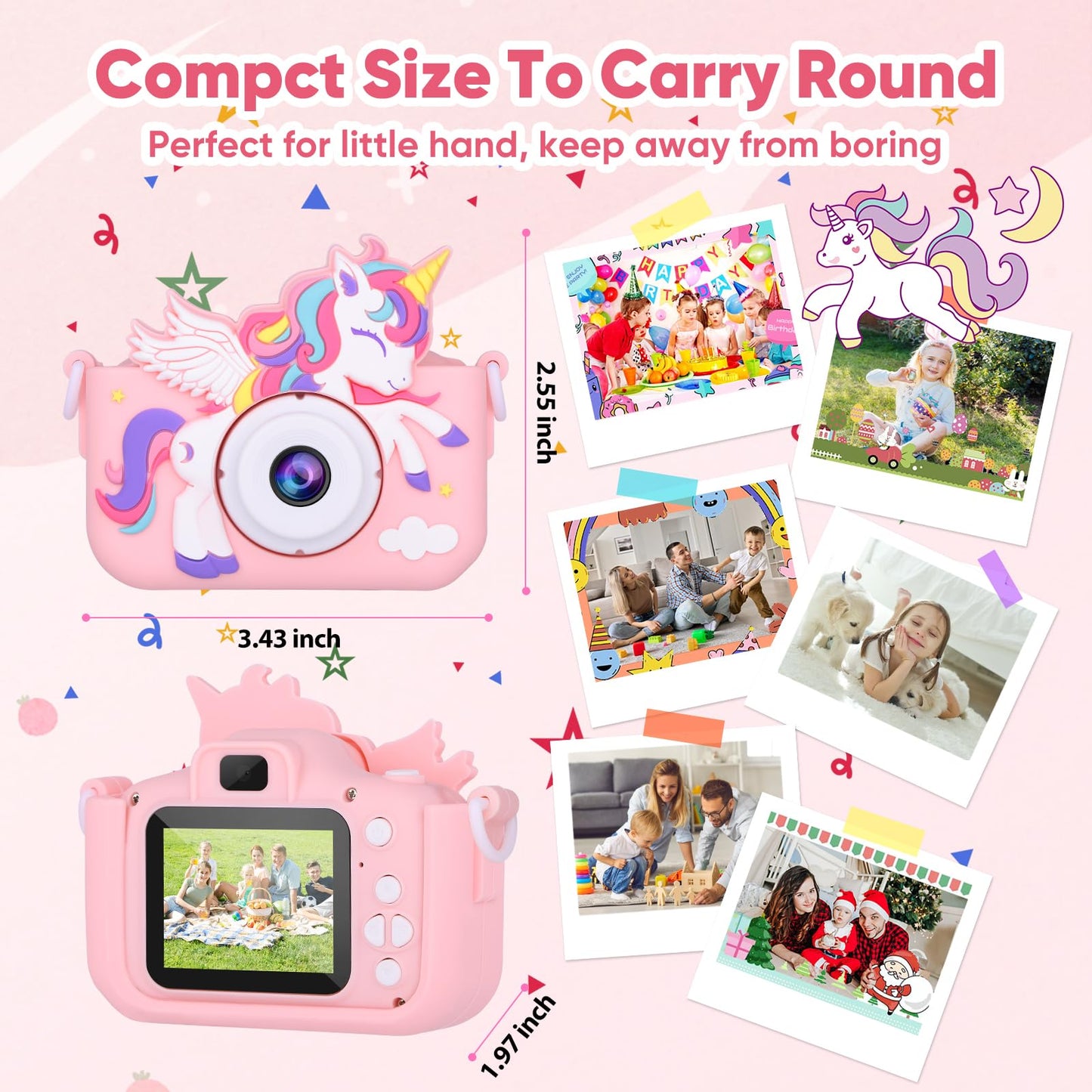 VisionX Unicorn Kids Digital Camera, Birthday Christmas Kids Toy Gifts for 5 6 7 8 9 10 Year Old Girls, 1080P HD Selfie Kids Camera Toys with 32GB Card