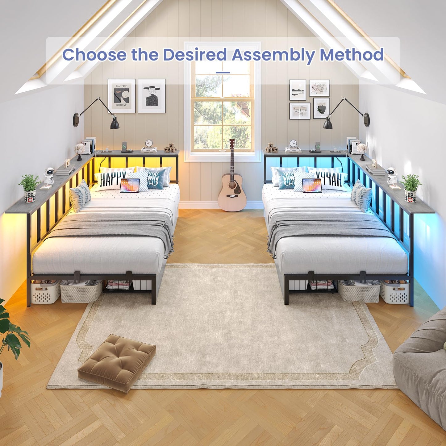 Hasuit Twin Corner Bed Frame with 2 Storage Drawers, Modern Twin Daybed with Charging Station and LED Lights for Kids Teenagers, Metal Platform Bed Frame for Bedroom, Living Room, Guest Room, Oak Gray