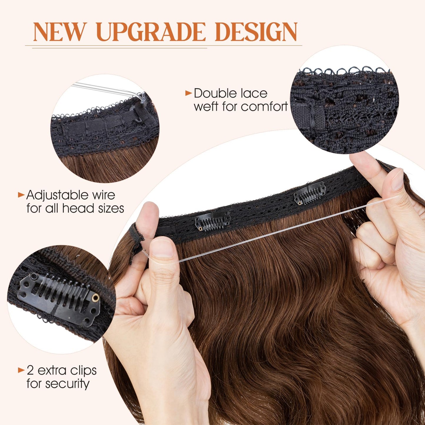 S-noilite Wavy Halo Hair Extensions Real Human Hair,18Inch Invisible Wire Hair Extensions,2 Clips Halo Extensions for Women(Medi