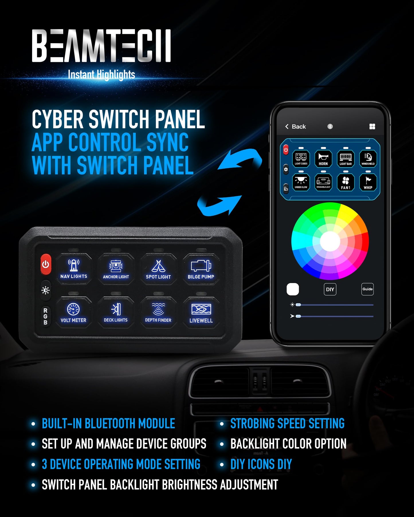 BEAMTECH 8 Gang Switch Panel, APP Remote Control RGB Toggle Momentary Pulsed Circuit Control Relay System Box Auxiliary Touch Control Switch LED Light Controller for Off Road ATV Car Truck