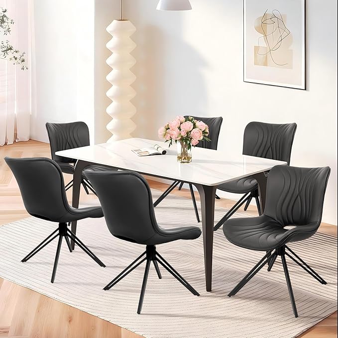 VATROS Dining Chairs Set of 6, 360° Swivel Upholstered Mid-Century Modern Kitchen Dining Room Chairs, Armless Faux Leather Accent Side Chair with Padded Back, Metal Legs for Living Room,Black